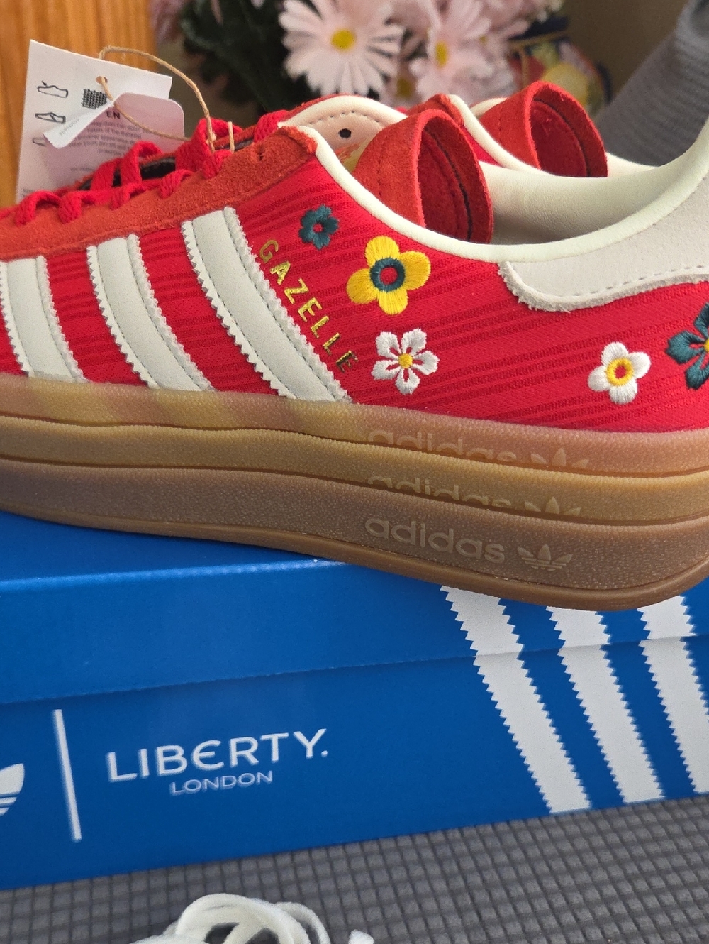 Adidas Liberty London,Red Floral Gazelle Sneakers with White Stripes - Picture 6 of 7